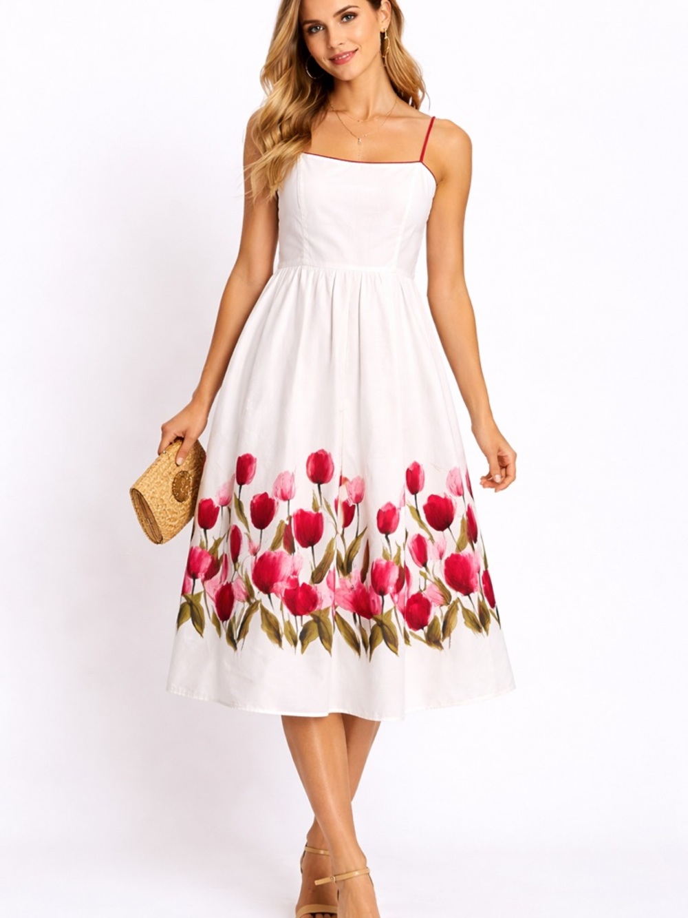 dressbarn White Midi Dress with Pink Floral Border